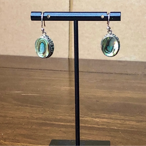 ABALONE Cabochon Sterling Silver Drop Earrings With Scrollwork Around The Bezel - Picture 9 of 10